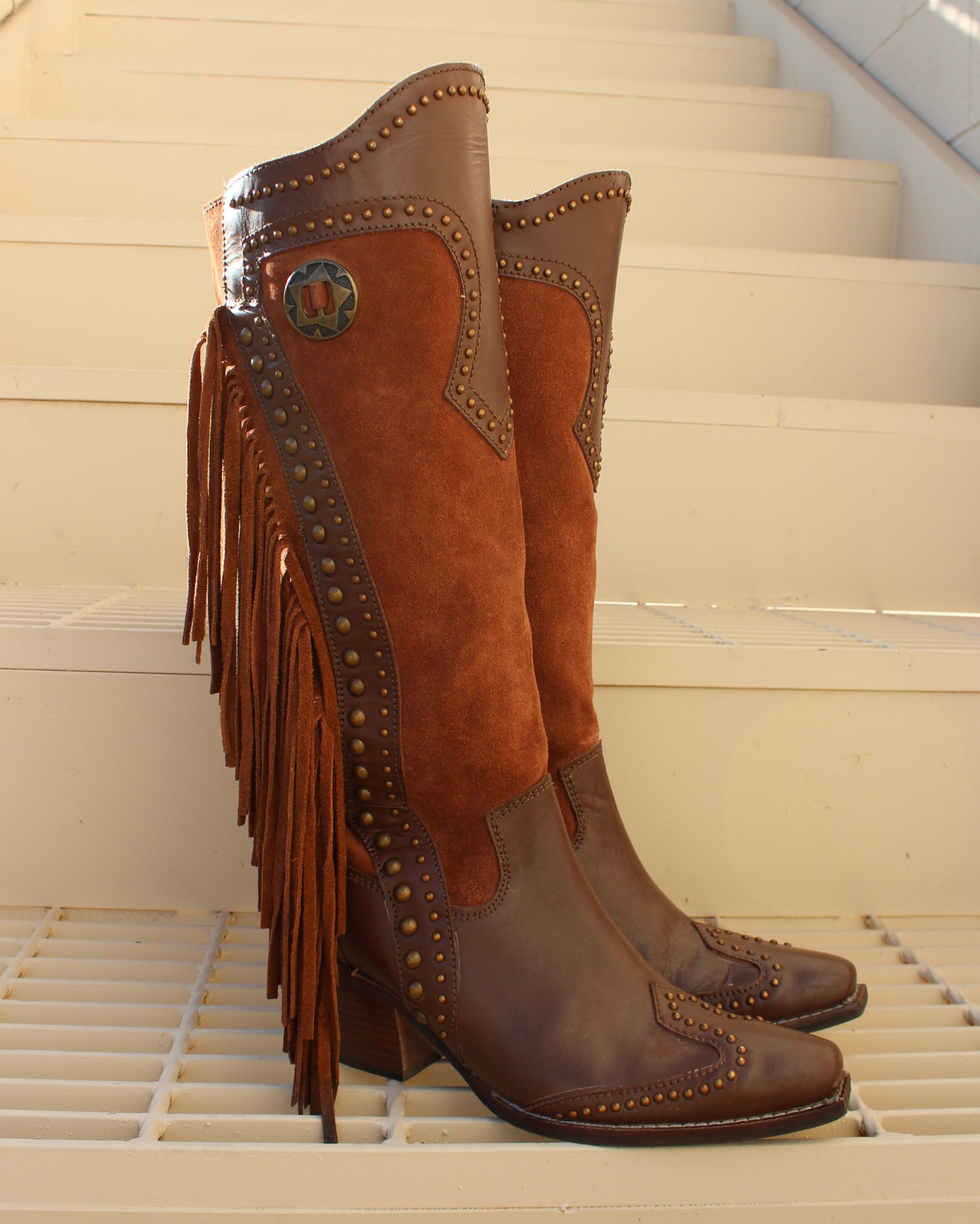 STUDDED SUEDE FRINGE BOOTS