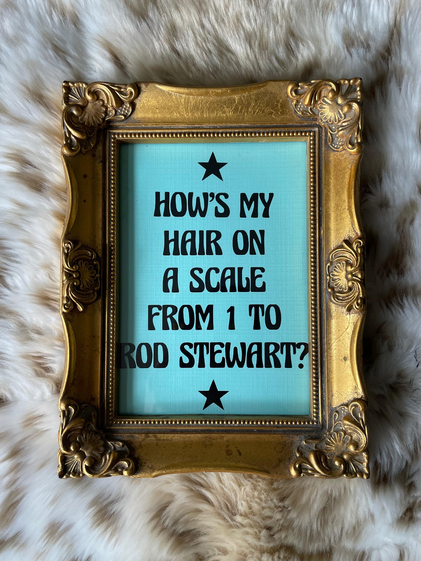 HOW’S MY HAIR ON A SCALE FROM 1 TO ROD STEWART? FRAMED ART