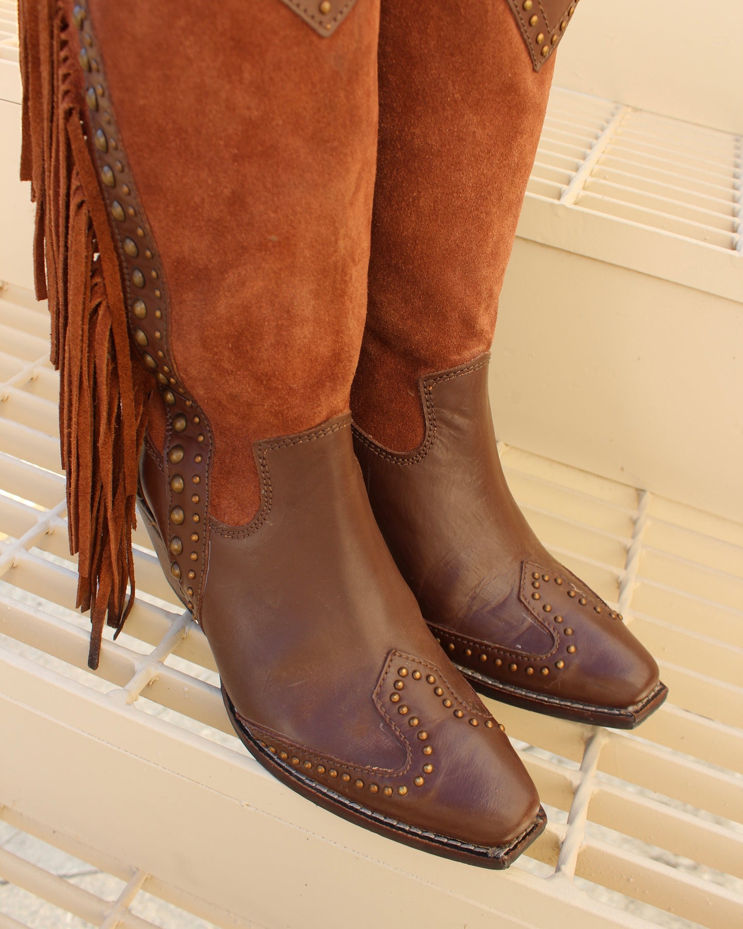 STUDDED SUEDE FRINGE BOOTS