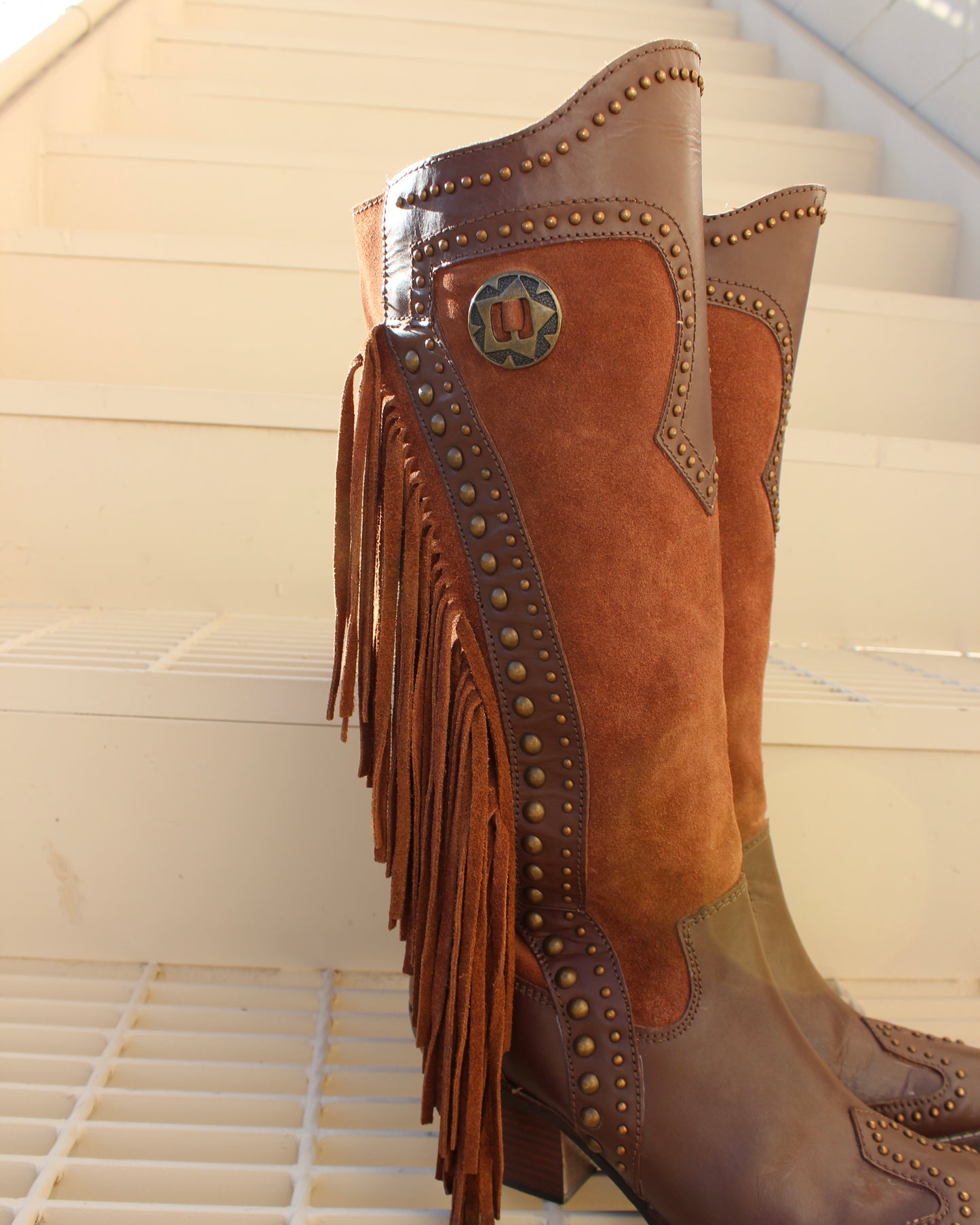 STUDDED SUEDE FRINGE BOOTS