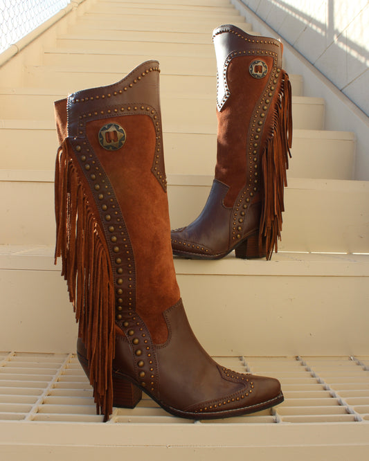 STUDDED SUEDE FRINGE BOOTS