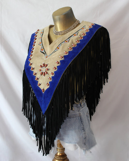 SUEDE BEADED FRINGE PONCHO