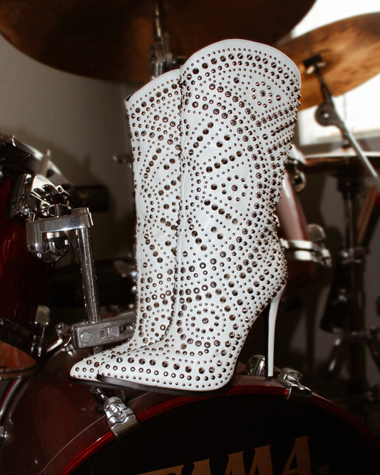 STUDDED WHITE STILETTO BOOTS