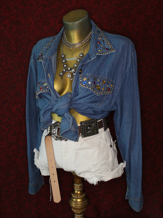 VINTAGE GEMSTONE STUDDED DENIM SHIRT
