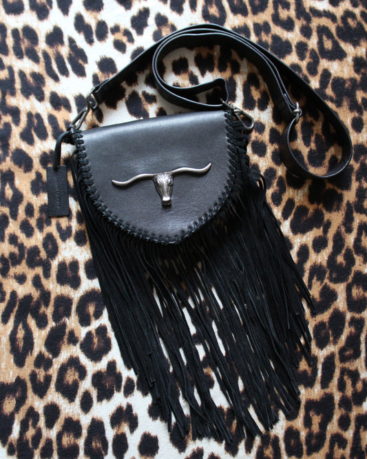 LONGHORN BLACK FRINGE LEATHER BAG