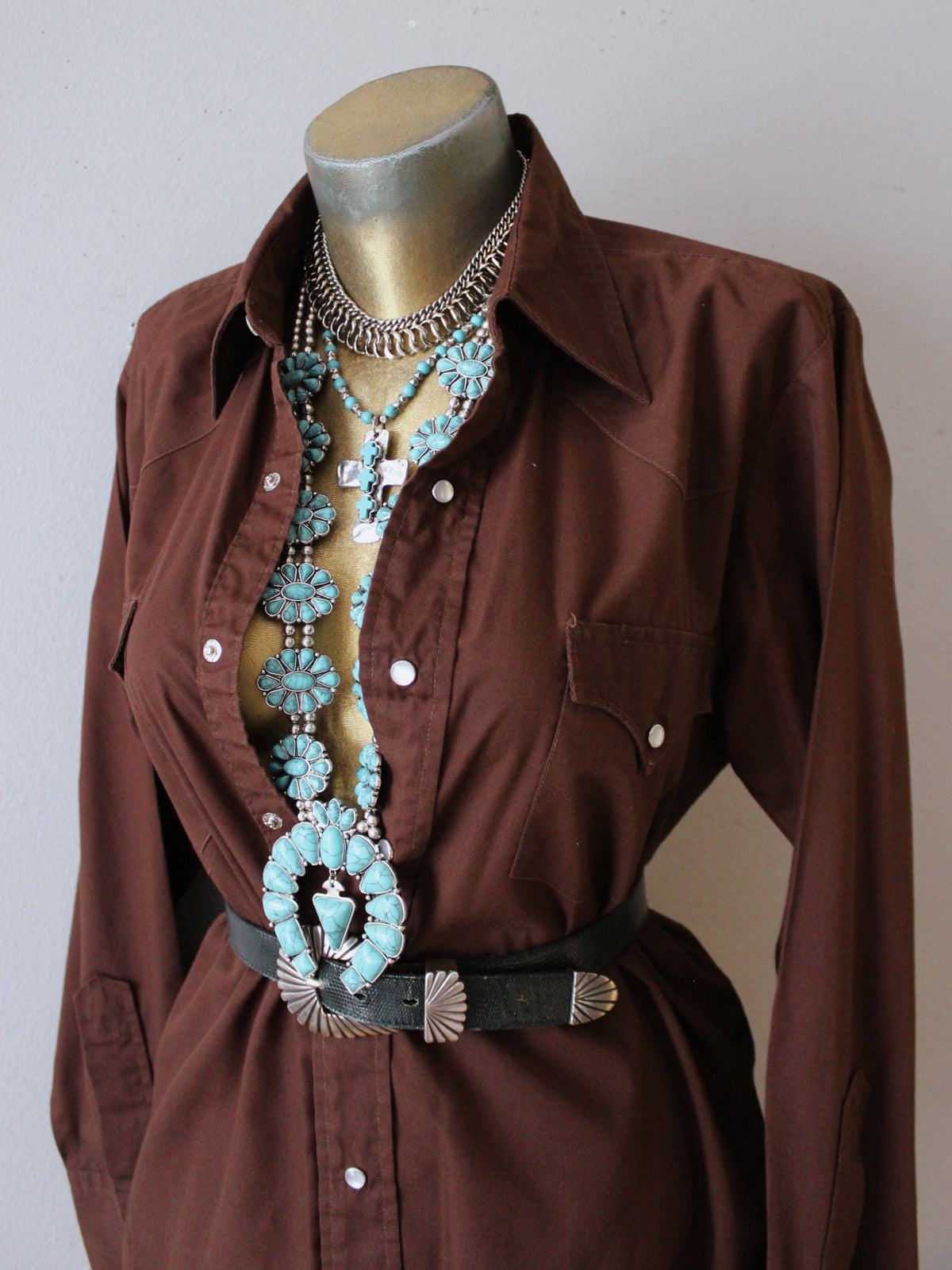 VINTAGE BROWN PEARL SNAP BUTTON-UP
