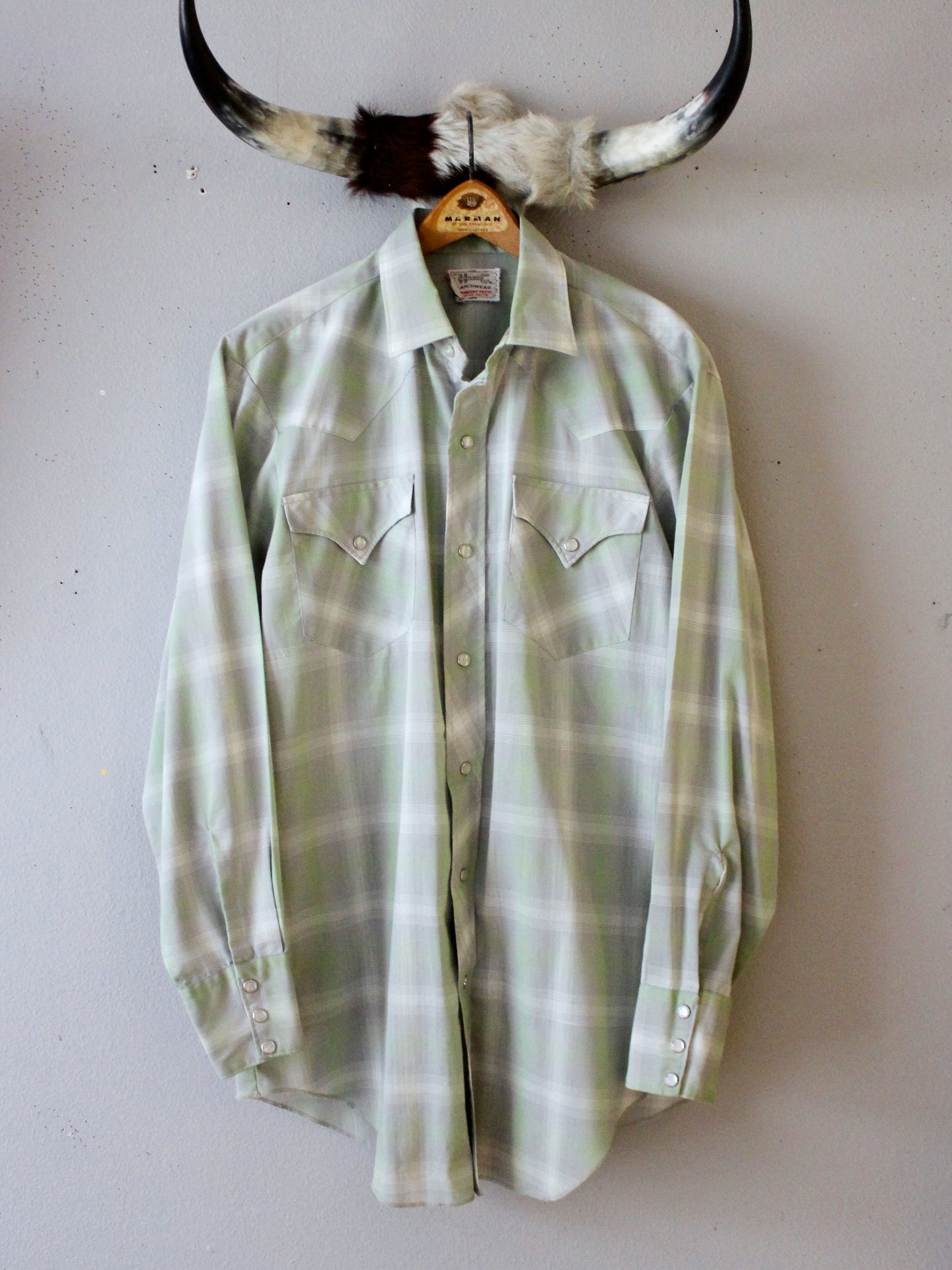 VINTAGE H BAR C GREEN PLAID PEARL SNAP BUTTON-UP