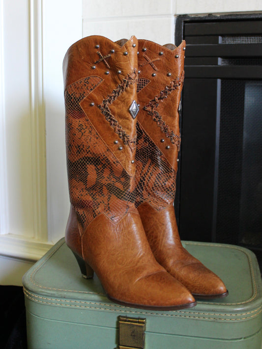 VINTAGE STUDDED COGNAC LEATHER BOOTS