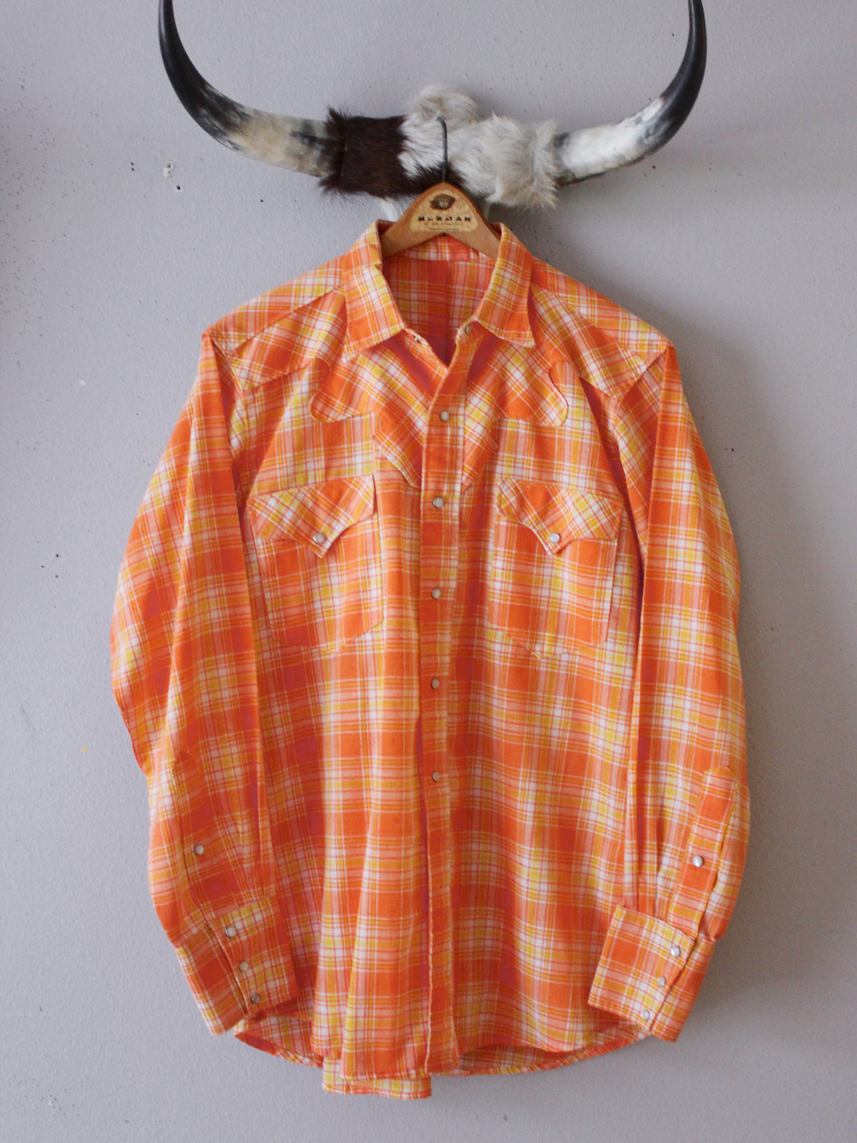 VINTAGE ORANGE AND YELLOW PLAID PEARL SNAP BUTTON-UP