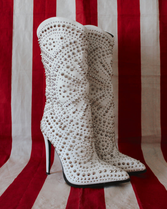 STUDDED WHITE STILETTO BOOTS