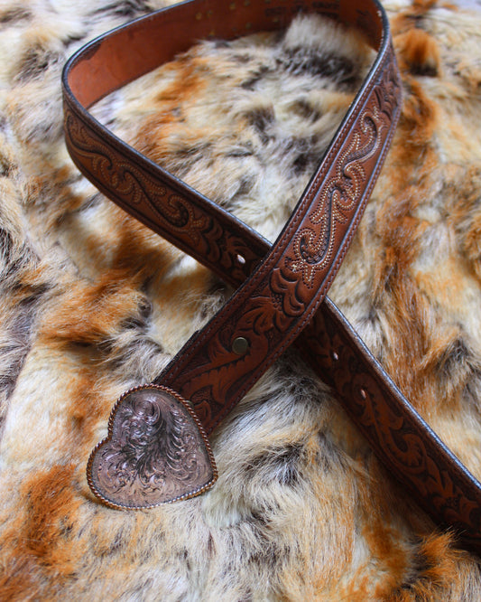VINTAGE HEART BUCKLE TOOLED LEATHER BELT