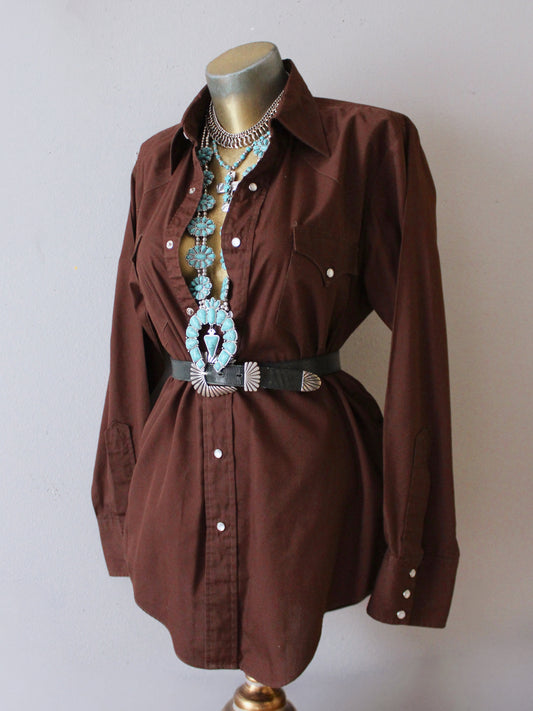 VINTAGE BROWN PEARL SNAP BUTTON-UP