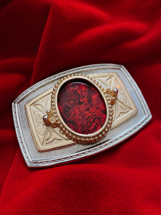 SILVER & GOLD BELT BUCKLE W/ RED STONE