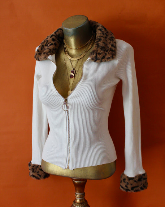 ZIP-UP SWEATER WITH LEOPARD PRINT TRIM