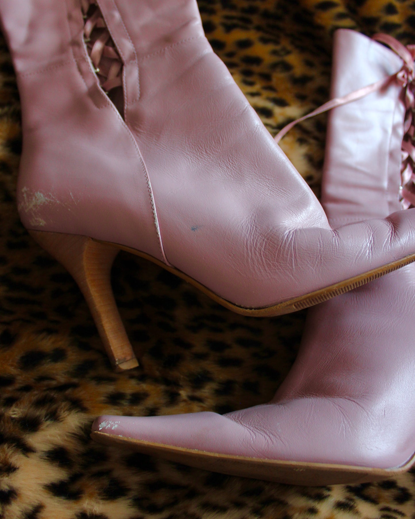 PINK LEATHER LACE-UP BOOTS