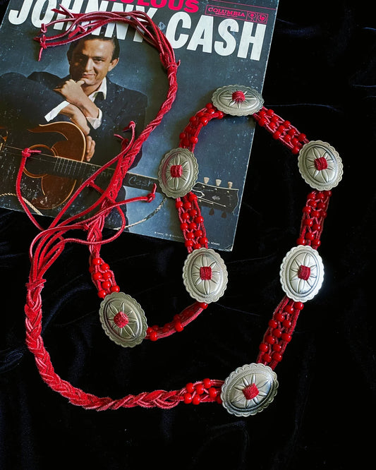 VINTAGE RED SUEDE BEADED CONCHO BELT