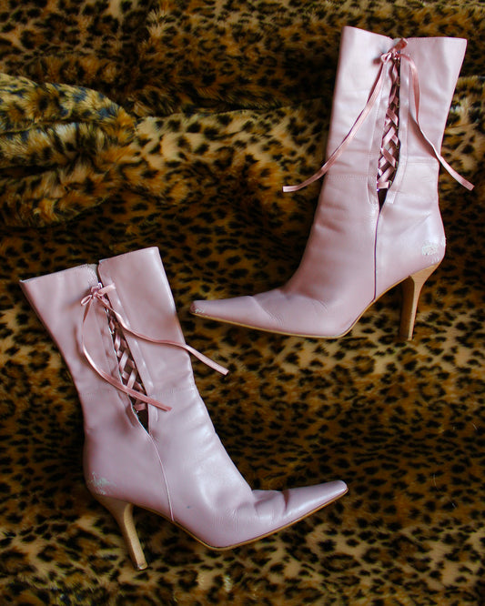 PINK LEATHER LACE-UP BOOTS