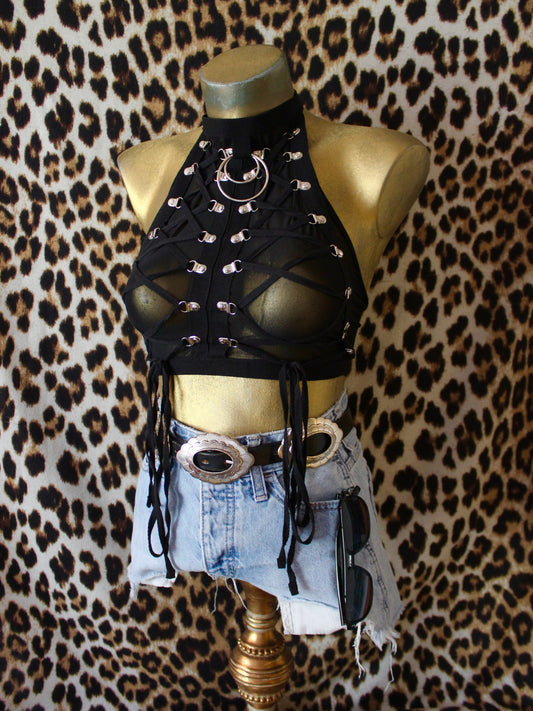 BLACK LACE UP MESH HALTER